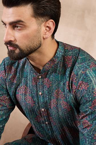 Men blue silk blend floral printed straight kurta