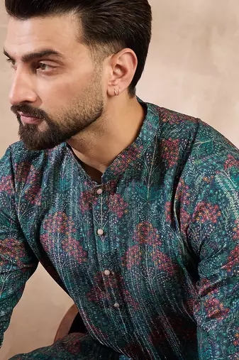 Men blue silk blend floral printed straight kurta