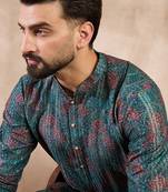 Men blue silk blend floral printed straight kurta
