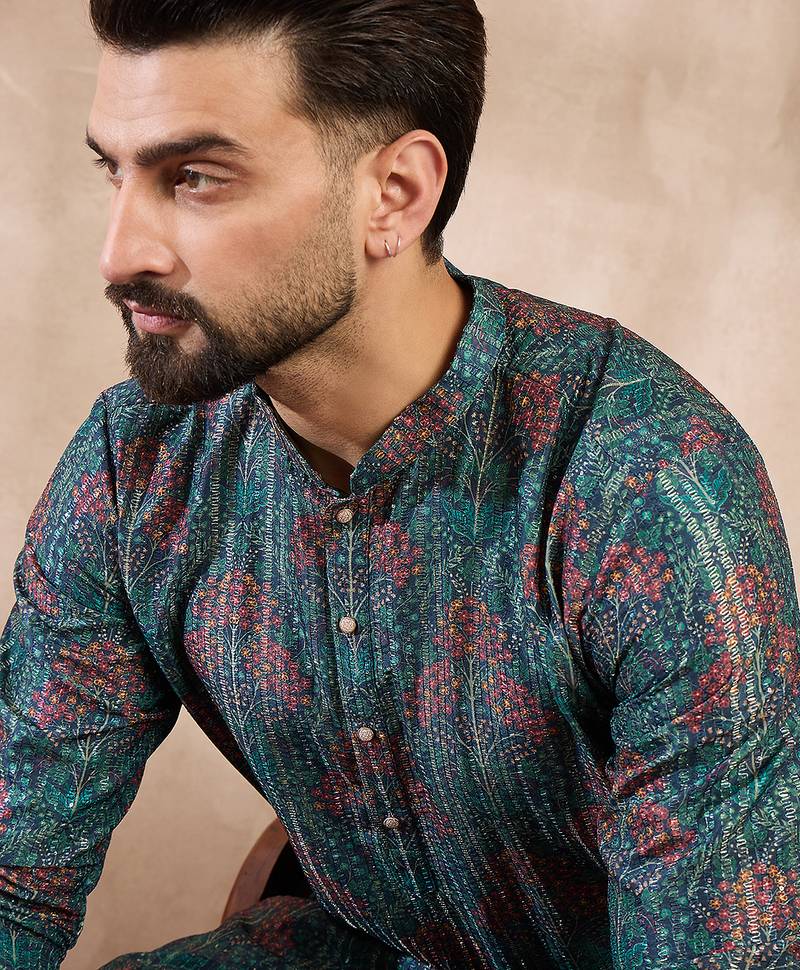 Men blue silk blend floral printed straight kurta
