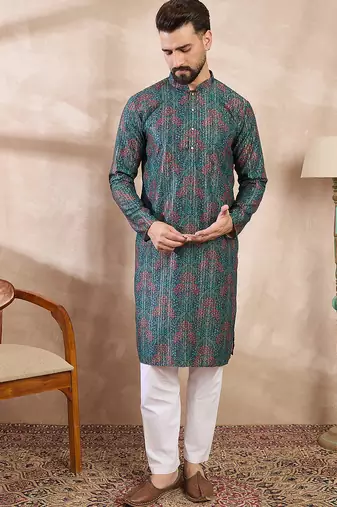 Men blue silk blend floral printed straight kurta
