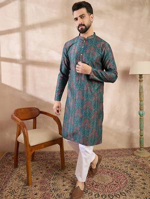 Men blue silk blend floral printed straight kurta 3