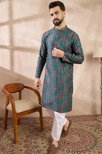 Men blue silk blend floral printed straight kurta