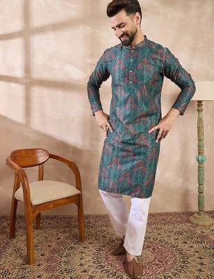 Men blue silk blend floral printed straight kurta 5