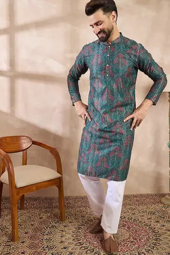 Men blue silk blend floral printed straight kurta