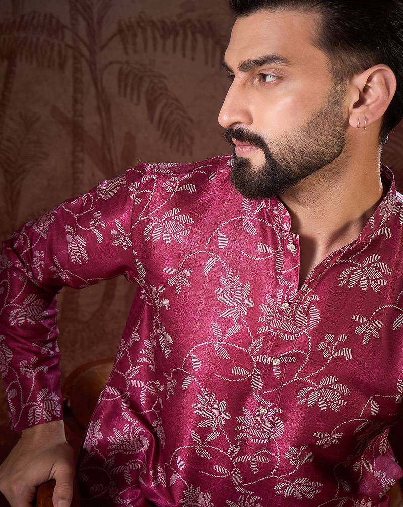 Men red silk blend floral printed straight kurta