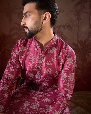 Men red silk blend floral printed straight kurta 3
