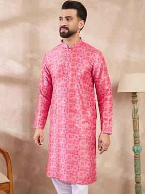Men pink silk blend ethnic motifs printed straight kurta 2