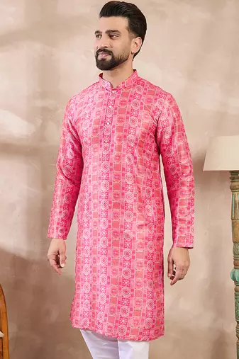 Men pink silk blend ethnic motifs printed straight kurta