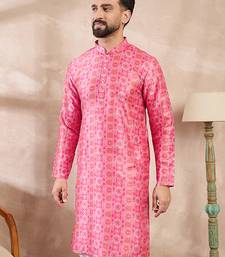 Men pink silk blend ethnic motifs printed straight kurta