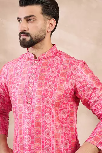 Men pink silk blend ethnic motifs printed straight kurta