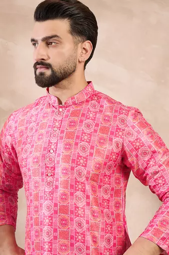 Men pink silk blend ethnic motifs printed straight kurta