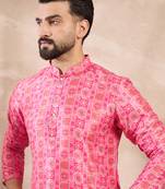 Men pink silk blend ethnic motifs printed straight kurta