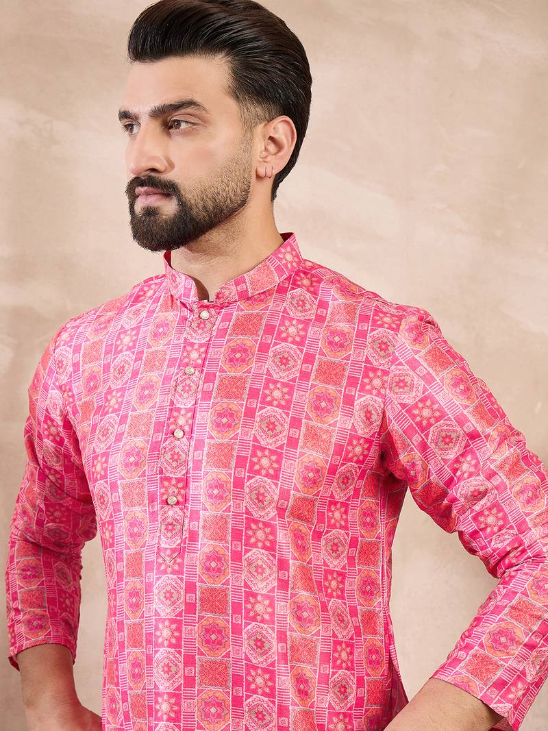 Men pink silk blend ethnic motifs printed straight kurta