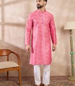 Men pink silk blend ethnic motifs printed straight kurta