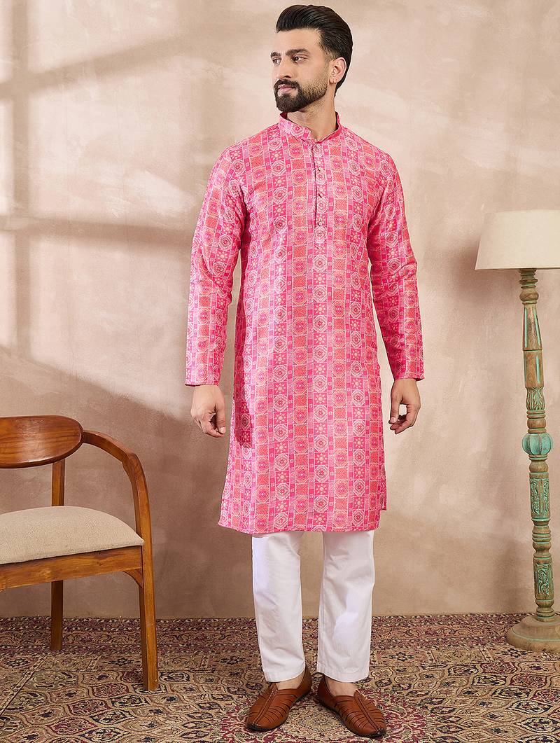 Men pink silk blend ethnic motifs printed straight kurta