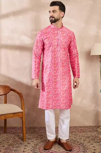Men pink silk blend ethnic motifs printed straight kurta