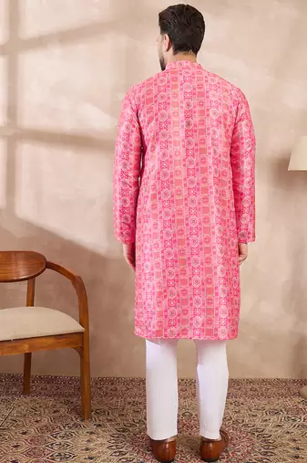 Men pink silk blend ethnic motifs printed straight kurta