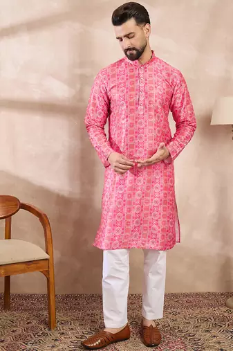 Men pink silk blend ethnic motifs printed straight kurta
