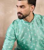 Men teal silk blend ethnic motifs printed straight kurta