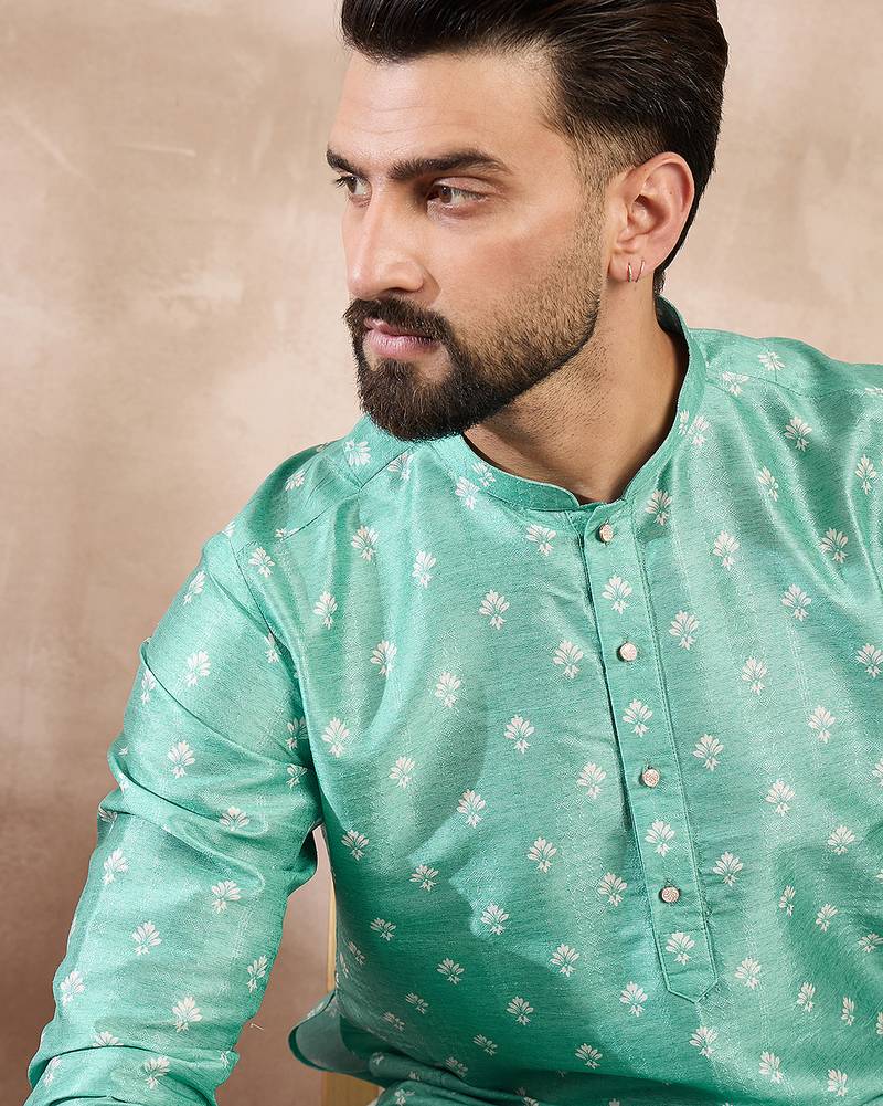 Men teal silk blend ethnic motifs printed straight kurta