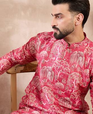 Men pink silk blend abstract printed straight kurta 2