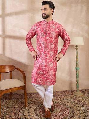 Men pink silk blend abstract printed straight kurta 1