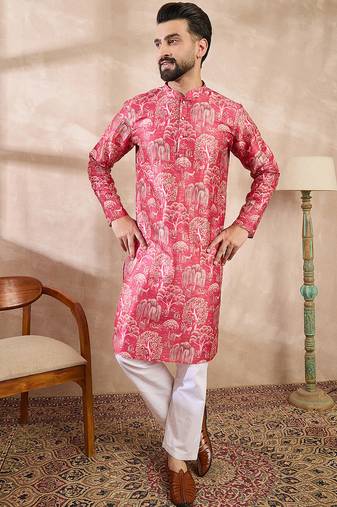 Men pink silk blend abstract printed straight kurta