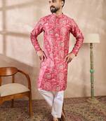 Men pink silk blend abstract printed straight kurta