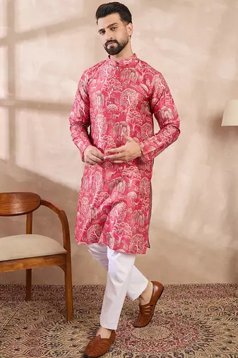 Men pink silk blend abstract printed straight kurta