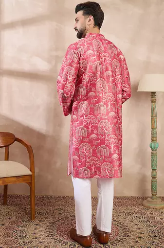 Men pink silk blend abstract printed straight kurta