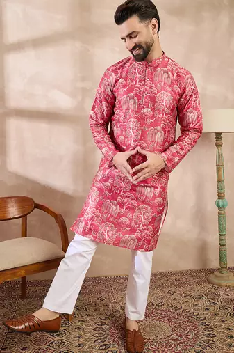 Men pink silk blend abstract printed straight kurta