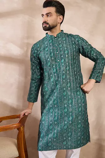 Men green silk blend ethnic motifs printed straight kurta