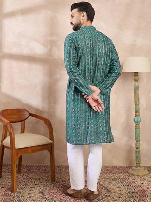 Men green silk blend ethnic motifs printed straight kurta 4