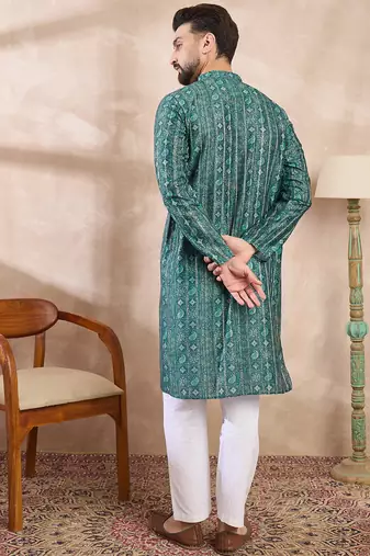 Men green silk blend ethnic motifs printed straight kurta