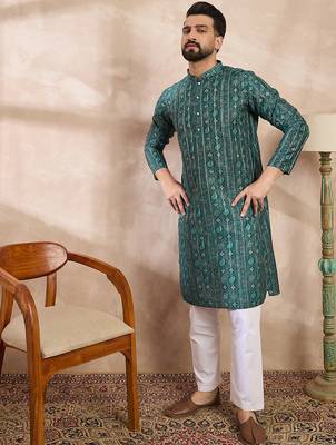 Men green silk blend ethnic motifs printed straight kurta 5
