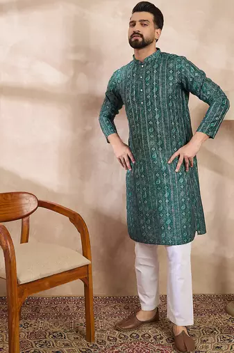 Men green silk blend ethnic motifs printed straight kurta