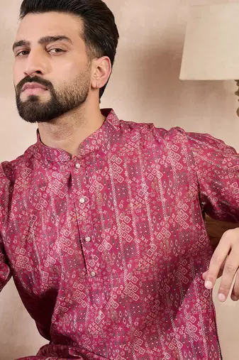 Men pink silk blend ethnic motifs printed straight kurta