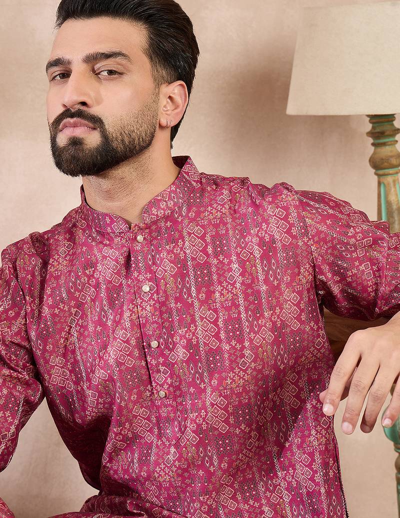 Men pink silk blend ethnic motifs printed straight kurta