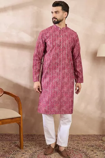Men pink silk blend ethnic motifs printed straight kurta