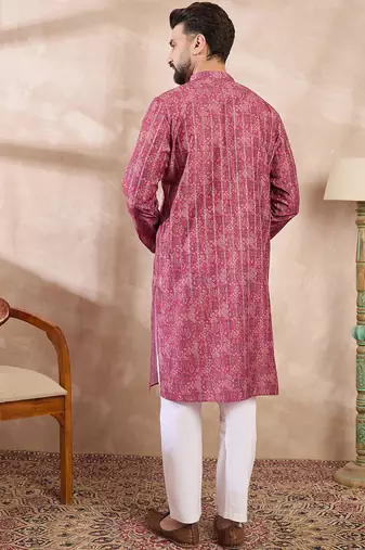 Men pink silk blend ethnic motifs printed straight kurta