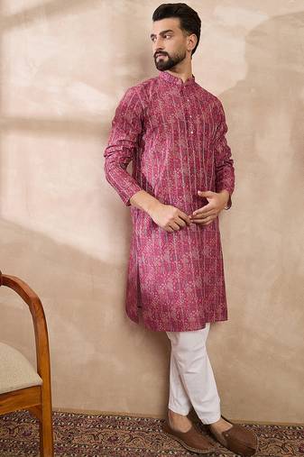 Men pink silk blend ethnic motifs printed straight kurta