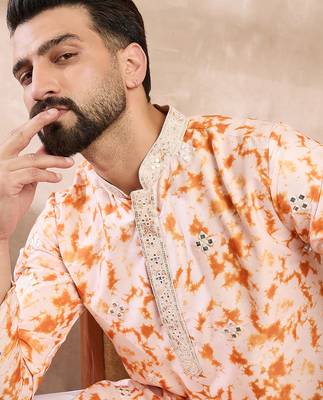 Men orange silk blend solid embroidered straight kurta 1