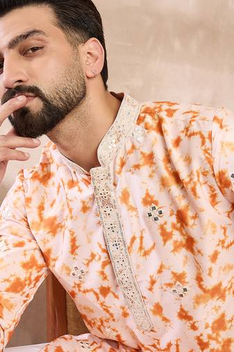 Men orange silk blend solid embroidered straight kurta