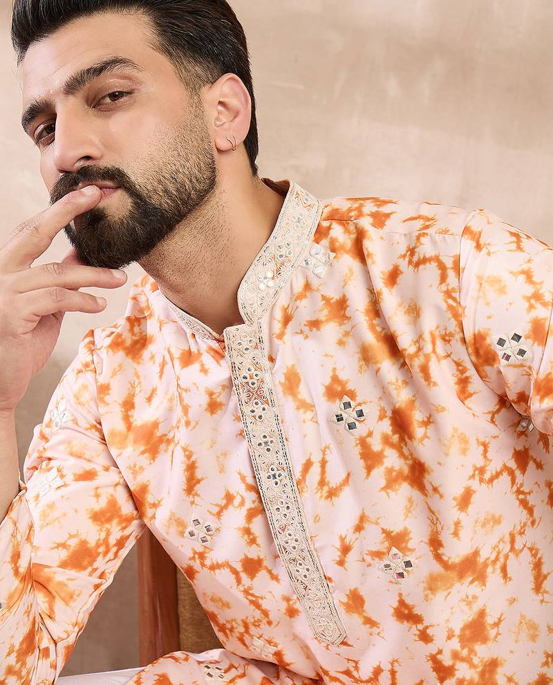 Men orange silk blend solid embroidered straight kurta
