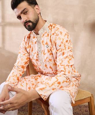Men orange silk blend solid embroidered straight kurta 3