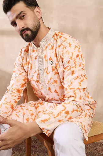 Men orange silk blend solid embroidered straight kurta