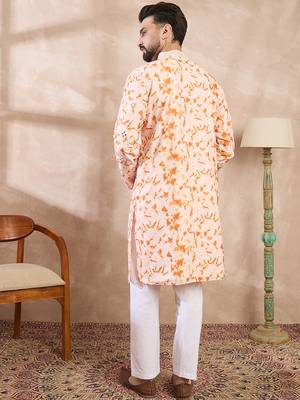 Men orange silk blend solid embroidered straight kurta 4