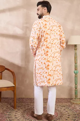 Men orange silk blend solid embroidered straight kurta