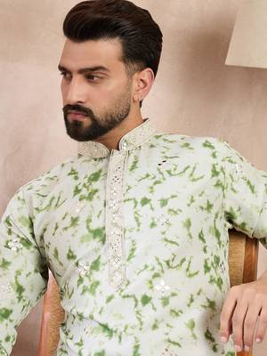 Men green silk blend solid embroidered straight kurta 1